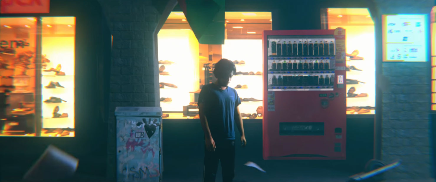 A boy standing in front of a shop in a futuristic city of Dhaka. (cinematic composition)